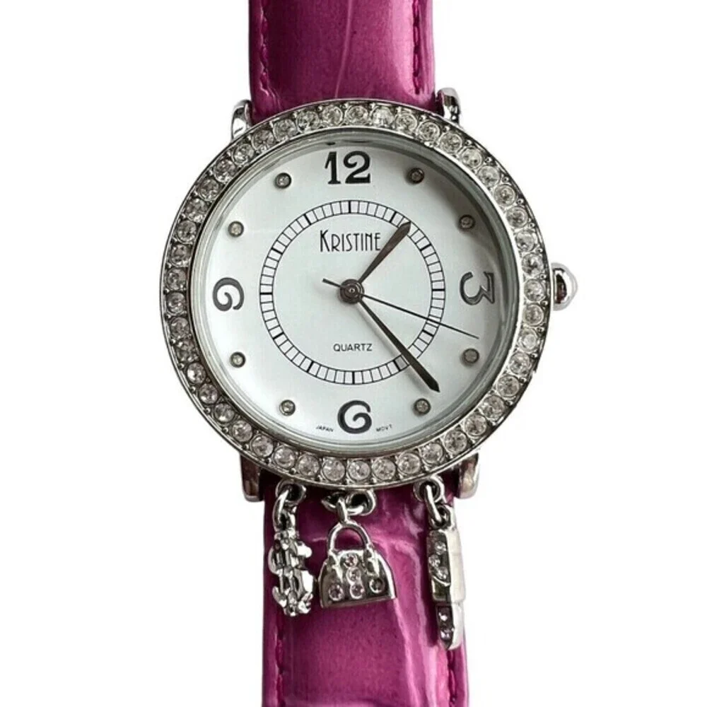 Kristine Women's Quartz Wrist Watch Rhinestone/Charms Pink Japan Movement 7.5 in